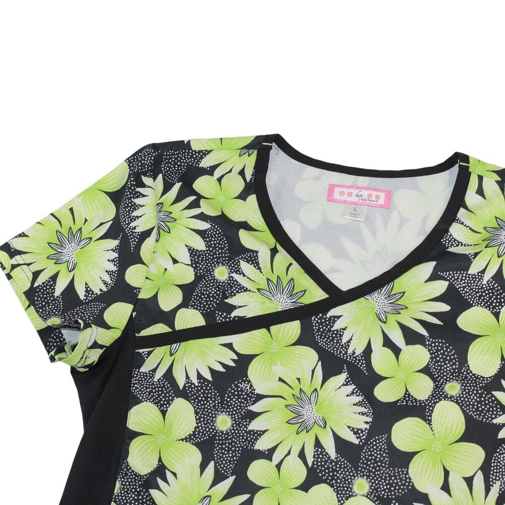 Koi Womens Large Medical EMS Vet Nurse Scrub Top Green Floral Stretch Breathable - Picture 4 of 11